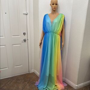 Xpluswear Maxi Gown Sz 2XL VNeck Flutter Sleeves Elastic Waist  Colorful Rainbow
